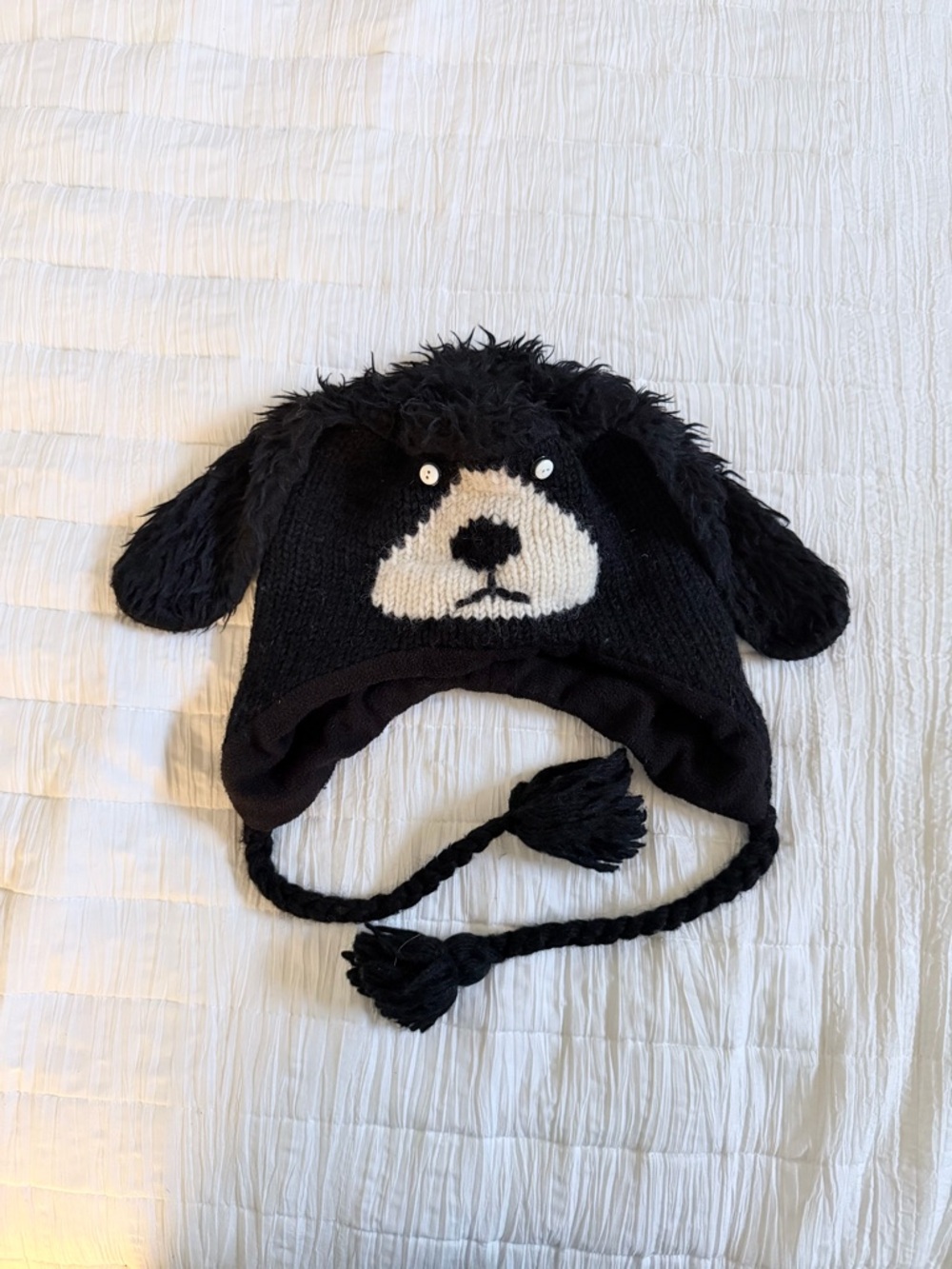 Kids Wool Black Knit Dog Earflap Hat with White Face Accent Unisex